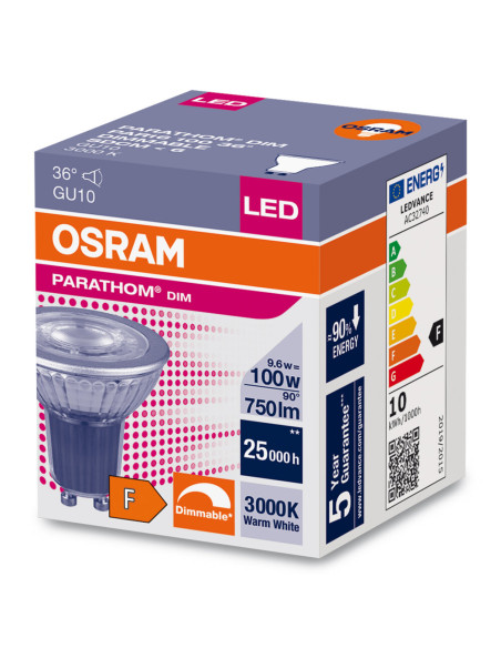 ŻARÓWKA LED PPAR16 DIM 100 36° 9.6W 3000K ciepła biała  GU10 
