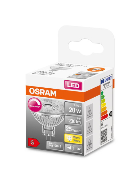 ŻARÓWKA LED SSTAR MR16 DIM 20 3,4W 2700K ciepła biała CRI90  230LM 36° 12V GU5.3 