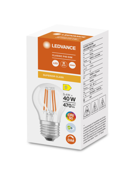 ŻARÓWKA LED COMFORT/SUPERIOR CLP40 DIM 3,4W 4000K neutralna biała CRI90  FIL E27 