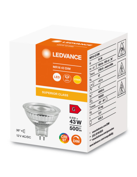 ŻARÓWKA LED S SPOT MR16 GL 43 36° DIM 6,6W 2700K ciepła biała CRI90  GU5.3 12V 500LM  
