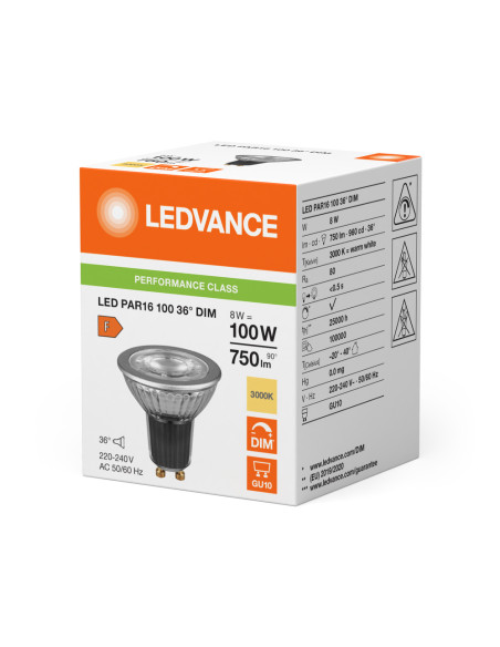 ŻARÓWKA LED P SPOT PAR16 GL 100 36° DIM 9,6W 3000K ciepła biała GU10 750LM 