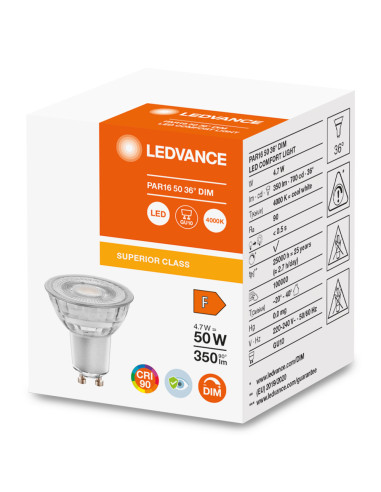 ŻARÓWKA LED COMFORT/SUPERIOR SPOT PAR16 DIM 50 36 4,7W 4000K neutralna biała CRI90  GL GU10 