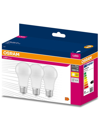 ŻARÓWKA LED 3-PAK VALUE CLA75 10W 2700K ciepła biała  1055LM 230V FR E27 