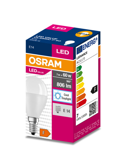 ŻARÓWKA LED VALUE CLP60 6,5W 6500K zimna biała  230V FR E14 