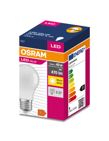 ŻARÓWKA LED VALUE CLA40 4.9W 3000K ciepła biała  470LM 230V FR E27 
