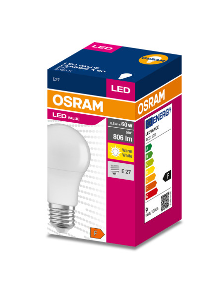 ŻARÓWKA LED VALUE CLA60 8W 3000K ciepła biała  806LM 230V FR E27 