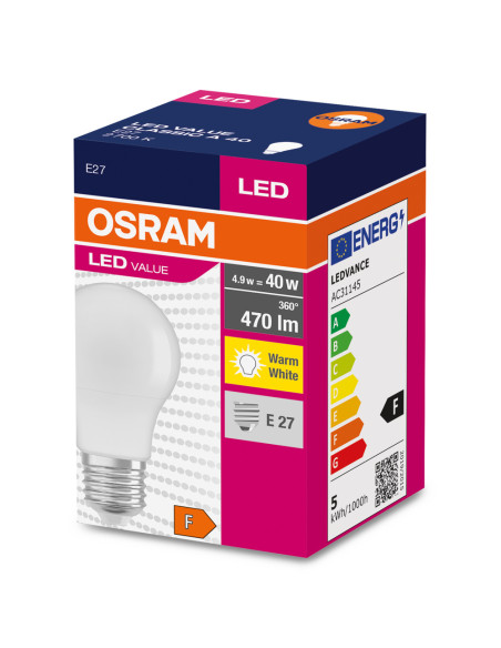 ŻARÓWKA LED VALUE CLA40 4.9W 2700K ciepła biała  470LM 200° 230V FR E27 