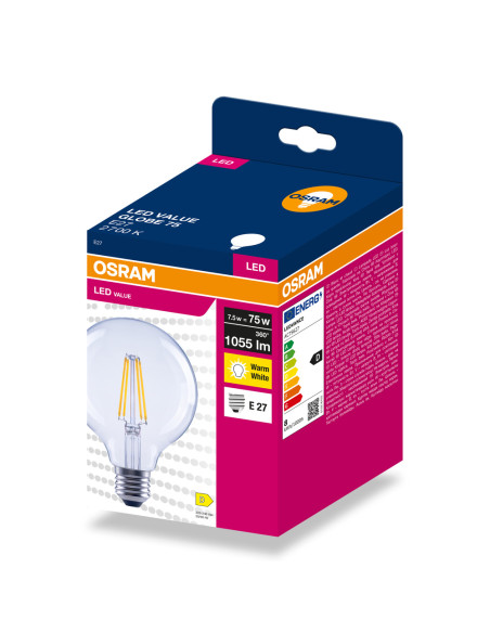 ŻARÓWKA LED VALUE RF GLOBE 95 75 7,5W 2700K ciepła biała 1055LM FIL E27 
