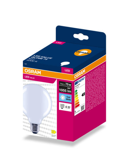ŻARÓWKA LED VALUE RF GLOBE 95 75 7,5W 4000K neutralna biała 1055LM FIL FR E27 
