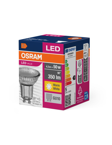 ŻARÓWKA LED VALUE PAR16 50 3,6W/4,3W 3000K ciepła biała  350LM GU10 GLASS 
