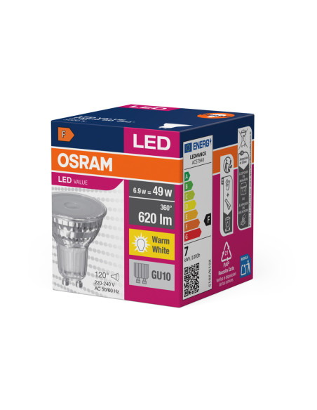 ŻARÓWKA LED VALUE PAR16 80 6,9W 3000K ciepła biała  620LM 120° GU10 GLASS 