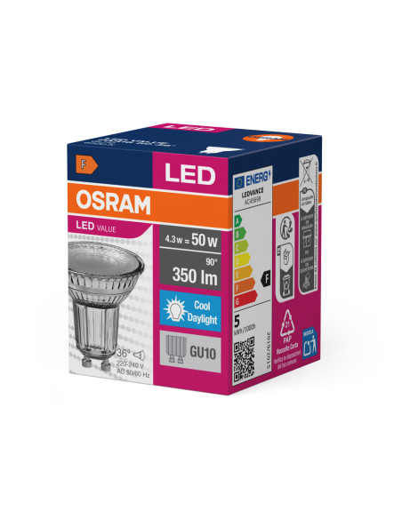 ŻARÓWKA LED VALUE PAR16 50 4,3W 6500K zimna biała  230V GU10 