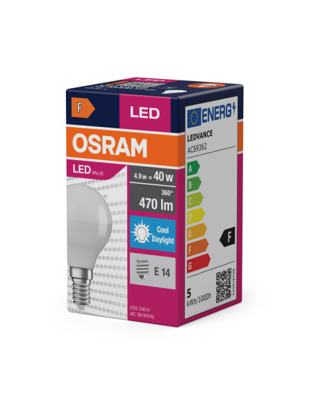 ŻARÓWKA LED VALUE CLP40 4.9W 6500K zimna biała  470LM FR E14 