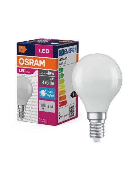 ŻARÓWKA LED VALUE CLP40 4.9W 6500K zimna biała  470LM FR E14 