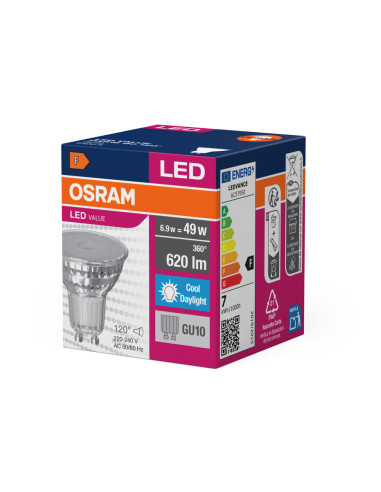 ŻARÓWKA LED VALUE PAR16 80 6,9W 6500K zimna biała  575LM 120° GU10 GLASS 