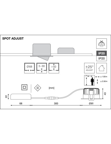 OPRAWA SPOT ADJUST P 8W 4000K neutralna biała CRI90  PS DIM IP20 WT 