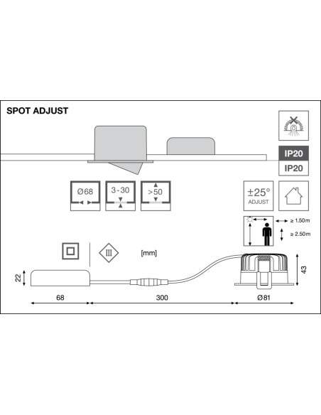 OPRAWA SPOT ADJUST P 8W 3000K ciepła biała CRI90  PS DIM IP20 WT 