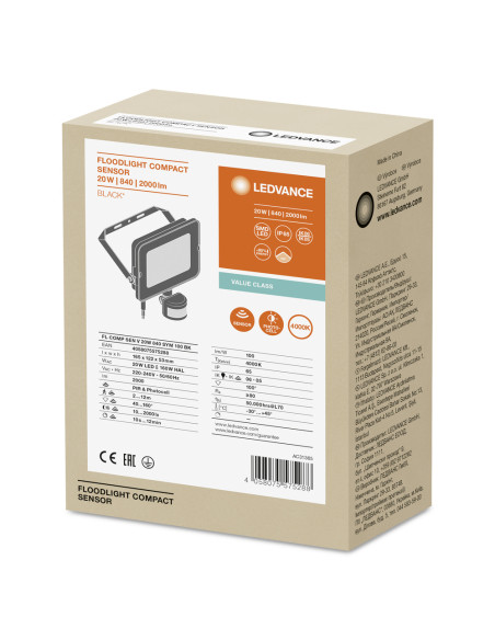 NAŚWIETLACZ FLOOD COMPACT SENSOR V 20W/4000K SYM 2000LM BK IP65 