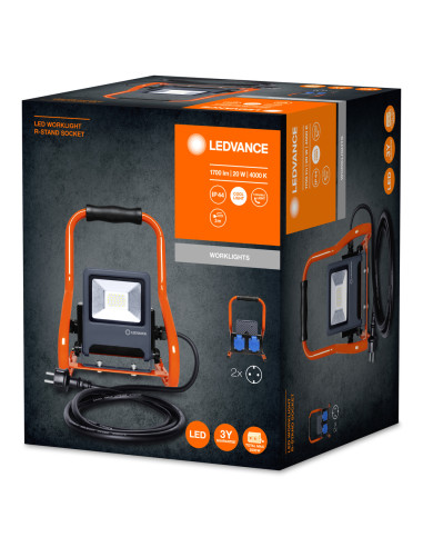 NAŚWIETLACZ LED WORKLIGHT 20W 4000K neutralna biała  1700LM R-STAND SOCKET  PRZENOŚNY Z GNIAZDEM 