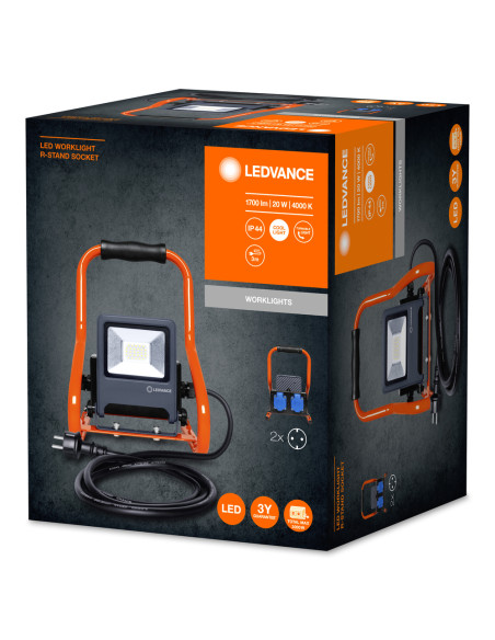 NAŚWIETLACZ LED WORKLIGHT 20W 4000K neutralna biała  1700LM R-STAND SOCKET  PRZENOŚNY Z GNIAZDEM 