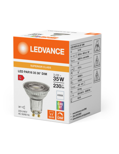 ŻARÓWKA LED S Spot PAR16 GL 35 36° DIM 3,4W 4000K neutralna biała CRI90  GU10 230LM 