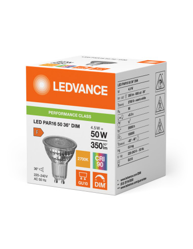 ŻARÓWKA LED P Spot PAR16 GL 50 36° DIM 4,5W 2700K ciepła biała CRI90  GU10 350LM 