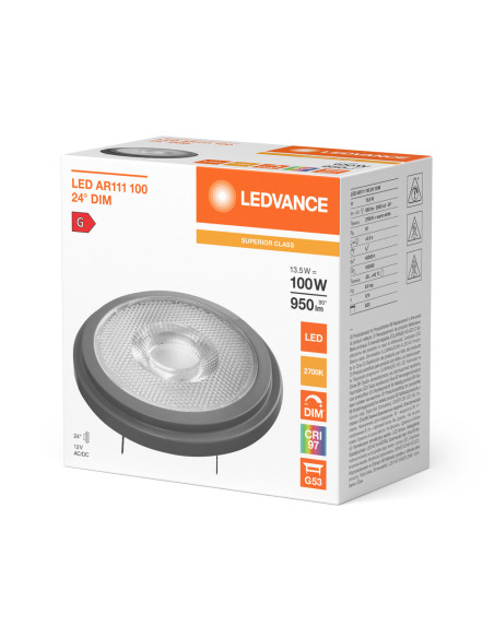 ŻARÓWKA LED S SPOT AR111 HS 100 24° DIM 13,5W 2700K ciepła biała CRI90  G53 12V 950LM SUPERIOR CLASS 