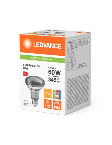 ŻARÓWKA LED P SPOT LED R80 GL 60 DIM 4,9W 2700K ciepła biała CRI90  E27 345LM 