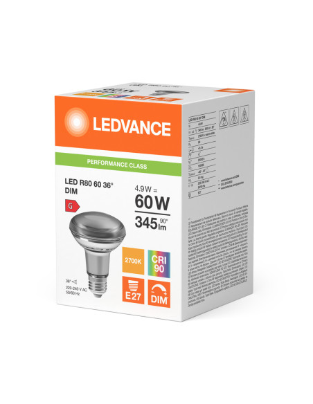 ŻARÓWKA LED P SPOT LED R80 GL 60 DIM 4,9W 2700K ciepła biała CRI90  E27 345LM 