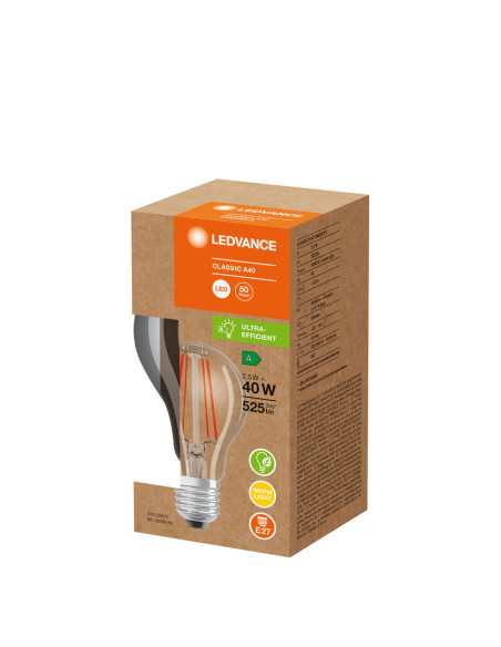 ŻARÓWKA LED ENERGY EFFICIENT CLA40 2,5W 3000K ciepła biała  525LM FIL E27 KLASA A 