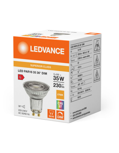 ŻARÓWKA LED S Spot PAR16 GL 35 36° DIM 3,4W 2700K ciepła biała CRI90  GU10 230LM 
