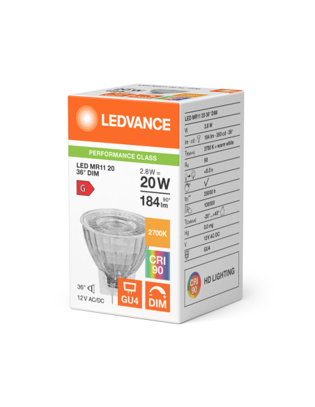 ŻARÓWKA LED P SPOT MR11 GL 20 36° DIM 2,8W 2700K ciepła biała CRI90  GU4 12V 184LM 