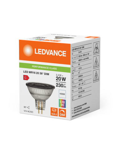 ŻARÓWKA LED P SPOT MR16 GL 20 36° DIM 3,4W 4000K neutralna biała CRI90  GU5.3 12V 230LM 