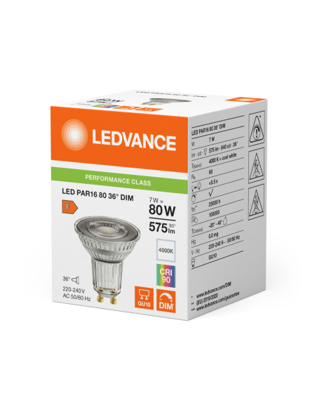 ŻARÓWKA LED P SPOT PAR16 GL 80 36° DIM 7W 4000K neutralna biała CRI90 GU10 575LM 
