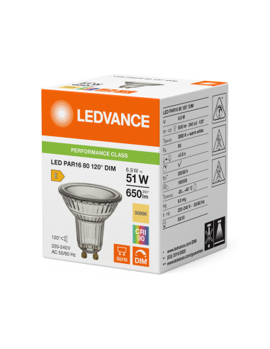 ŻARÓWKA LED P SPOT PAR16 GL 80 51 120° DIM 6,9W 3000K ciepła biała CRI90 GU10 650LM 