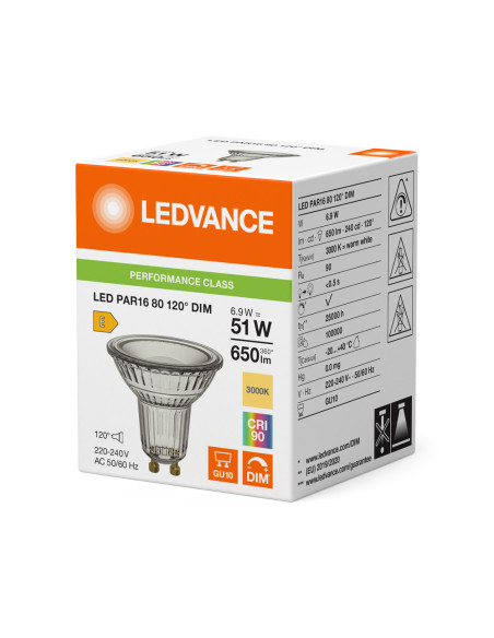 ŻARÓWKA LED P SPOT PAR16 GL 80 51 120° DIM 6,9W 3000K ciepła biała CRI90 GU10 650LM 