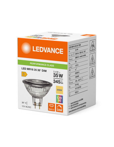 ŻARÓWKA LED P SPOT MR16 GL 35 36° DIM 3,4W 3000K ciepła biała CRI90 GU5.3 12V 345LM 