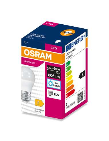 ŻARÓWKA LED VALUE CLP60 6.5W 6500K zimna biała 806LM FR E27 