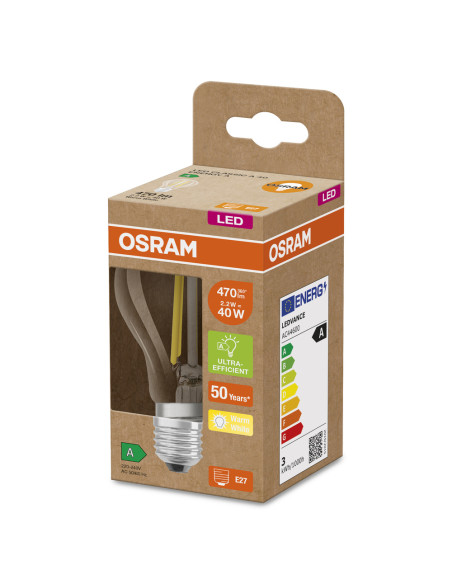 ŻARÓWKA LED ENERGY CLASS CLA40 2,2W 3000K ciepła biała E27 470LM FIL EE KLASA A 