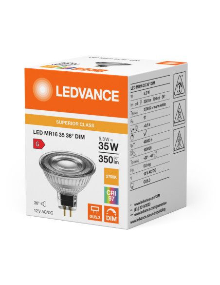 ŻARÓWKA LED S SPOT MR16 GL 35 36° DIM 5,3W 2700K ciepła biała CRI90 GU5.3 12V 345LM 
