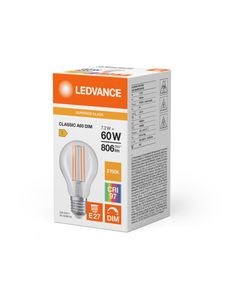 ŻARÓWKA LED S LED CLA60 DIM 7.2W 2700K ciepła biała CRI90  E27 CRI97 FIL CL 806LM  