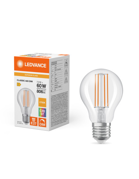 ŻARÓWKA LED S LED CLA60 DIM 7.2W 2700K ciepła biała CRI90  E27 CRI97 FIL CL 806LM  