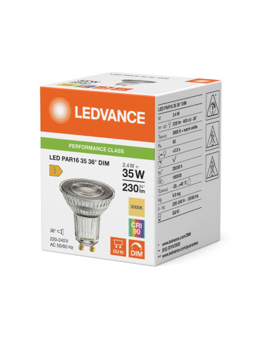 ŻARÓWKA LED P SPOT PAR16 GL 35 36° DIM 2,4W 3000K ciepła biała CRI90 GU10 230LM  
