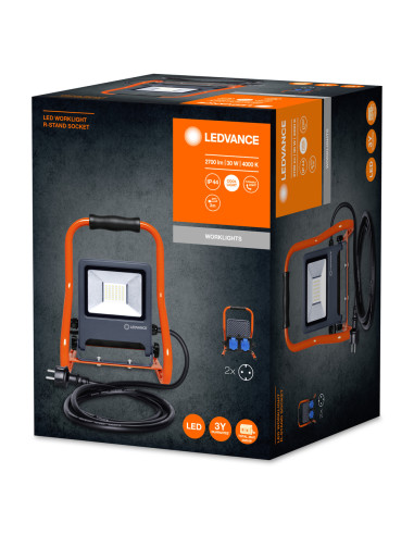 NAŚWIETLACZ LED WORKLIGHT 30W 4000K neutralna biała 2700LM R-STAND SOCKET PRZENOŚNY Z GNIAZDEM 