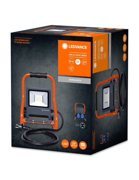 NAŚWIETLACZ LED WORKLIGHT 30W 4000K neutralna biała 2700LM R-STAND SOCKET PRZENOŚNY Z GNIAZDEM 