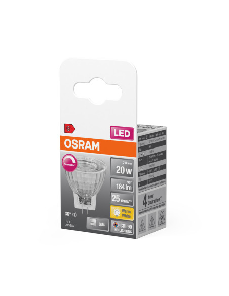 ŻARÓWKA LED SUPERSTAR MR11 DIM 20 2,8W 2700K ciepła biała CRI90  184LM 12V 36° GU4 