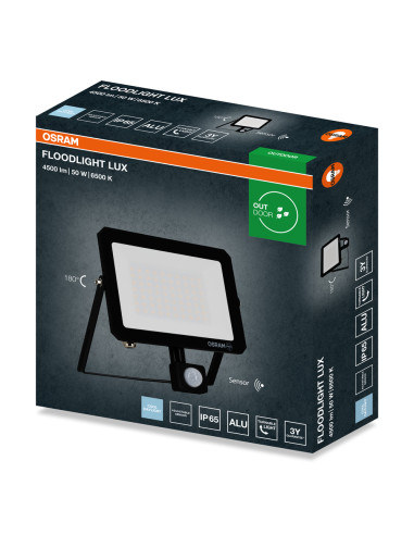 NAŚWIETLACZ FLOOD LED LUX SENSOR 50W 6500K 4500LM BK IP65 3Y 