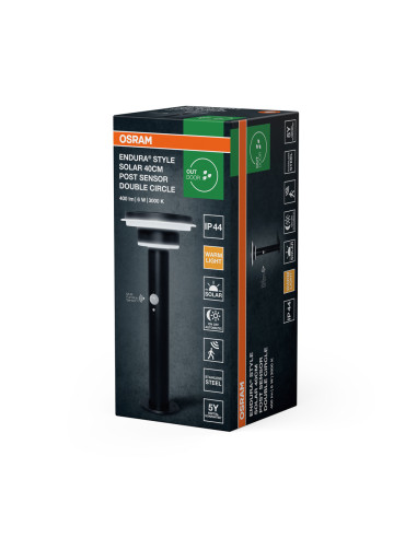 SŁUPEK OGRODOWY SOLAR ENDURA STYLE 2CIRCLE 40CM SENSOR 6W 3000K 400LM BK