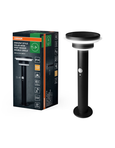 SŁUPEK OGRODOWY SOLAR ENDURA STYLE 2CIRCLE 40CM SENSOR 6W 3000K 400LM BK