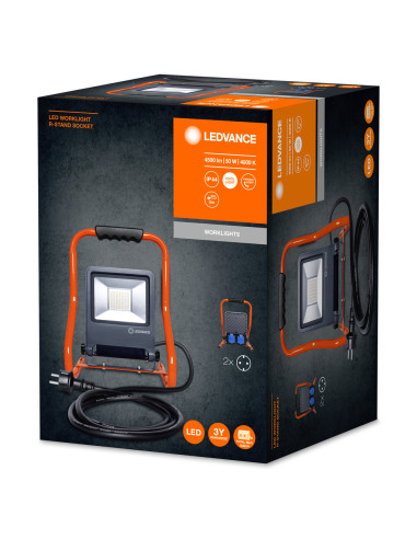 NAŚWIETLACZ LED WORKLIGHT 50W 4000K neutralna biała 4500LM R-STAND SOCKET PRZENOŚNY Z GNIAZDEM 